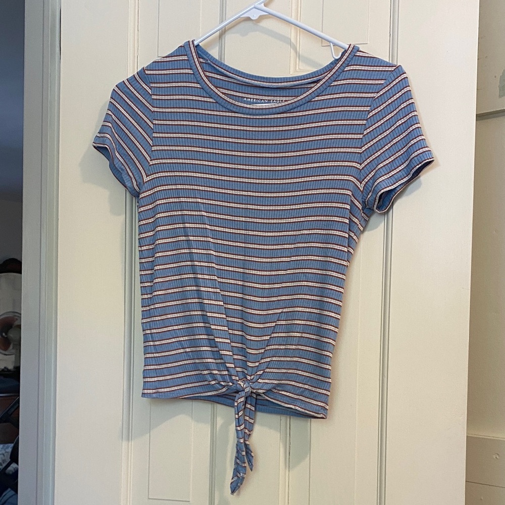 Striped Blue and Brown Tie-Front Top